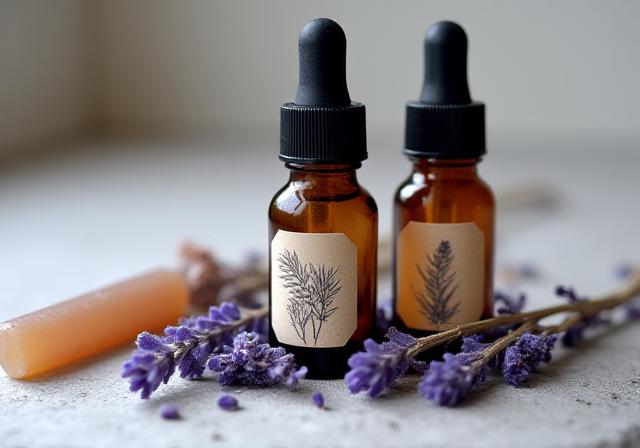 Essential oil bottles next to sprigs of lavender