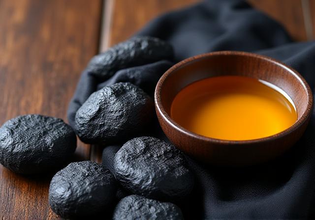 Warm massage stones on a bed of dark silk