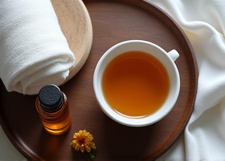Relaxing herbal tea and massage oils on a wooden tray